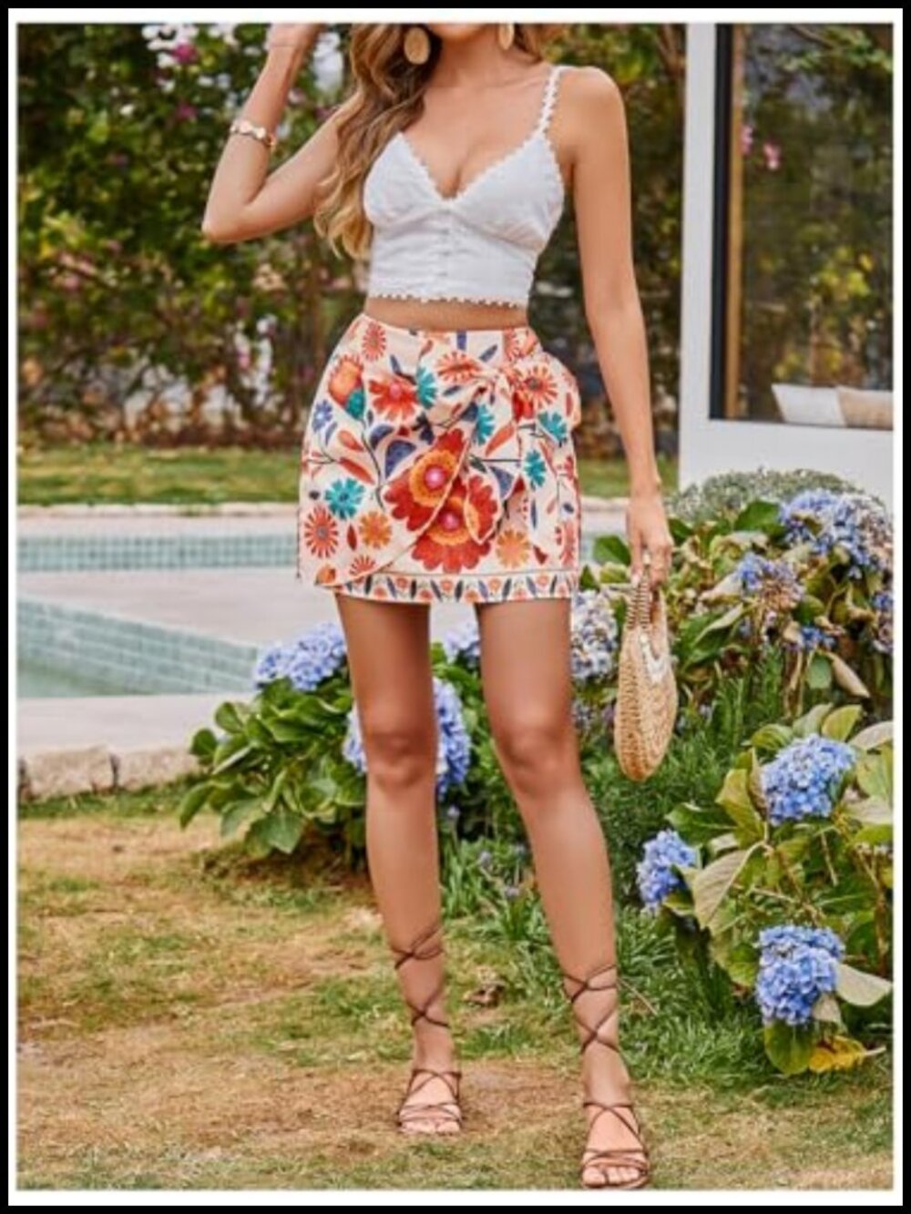 Boho Wrap Skirt with Floral Print, High Waisted, Knot Side, Mini Length - Picture 4 of 4